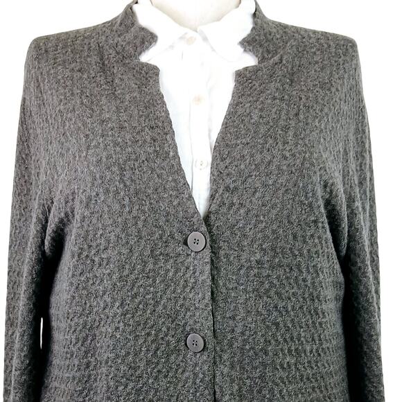Eileen Fisher SZ L Button Wool Blend Front Notch Collar Textured Cardigan Brown - Picture 3 of 6
